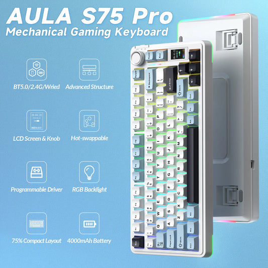 AULA S75pro Wireless Keyboard Tri-mode RGB Gaming Keyboard Hot Swap PBT Keycaps with Macro Software